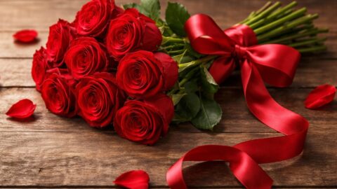 Red Rose Bouquet on Wooden Table