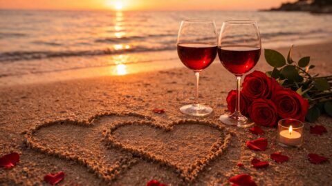 Romantic Beach Sunset with Wine