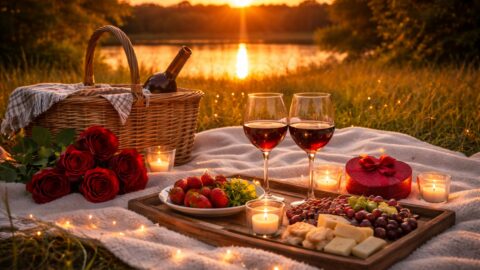 Romantic Picnic by Lake at Sunset