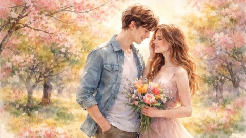 Spring Couple Under Blossom Trees