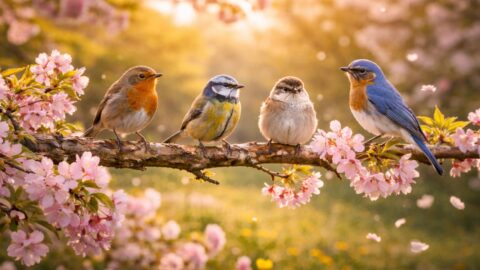 Spring Songbirds on Cherry Branch