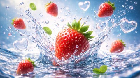 Strawberries Splashing in Water Hearts