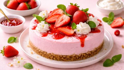 Strawberry Cheesecake with Cream and Flowers