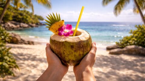 Tropical Coconut Drink on Sunny Beach