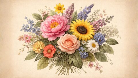 Vintage Floral Bouquet Illustration with Sunflower