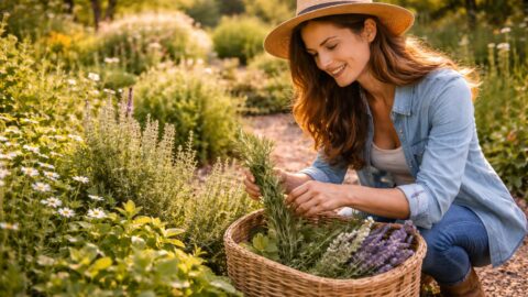 Woman Harvesting Herbs in Garden