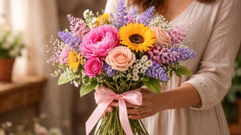 Woman Holding Colorful Flower Bouquet Indoors