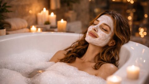 Woman Relaxing in Bubble Bath with Face Mask