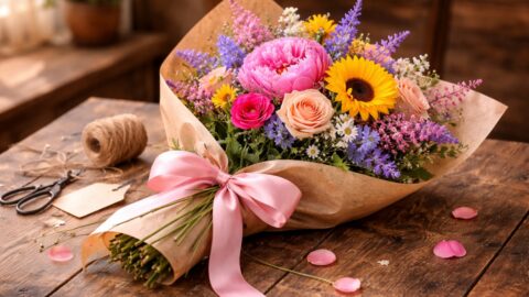 Wrapped Flower Bouquet with Pink Ribbon